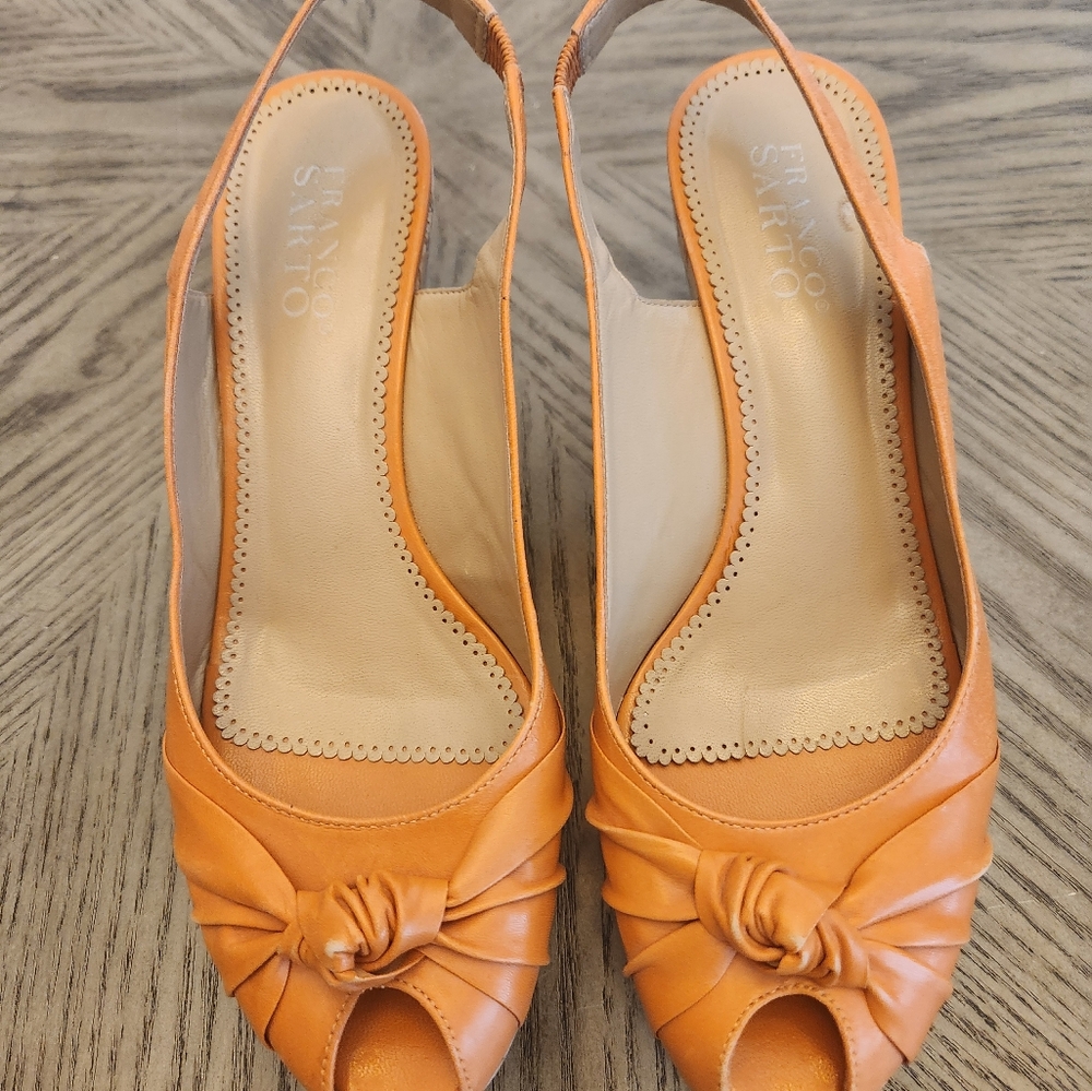 Franco Sarto cork wedge   comfort sandal, orange leather, size 8 1/2 M
